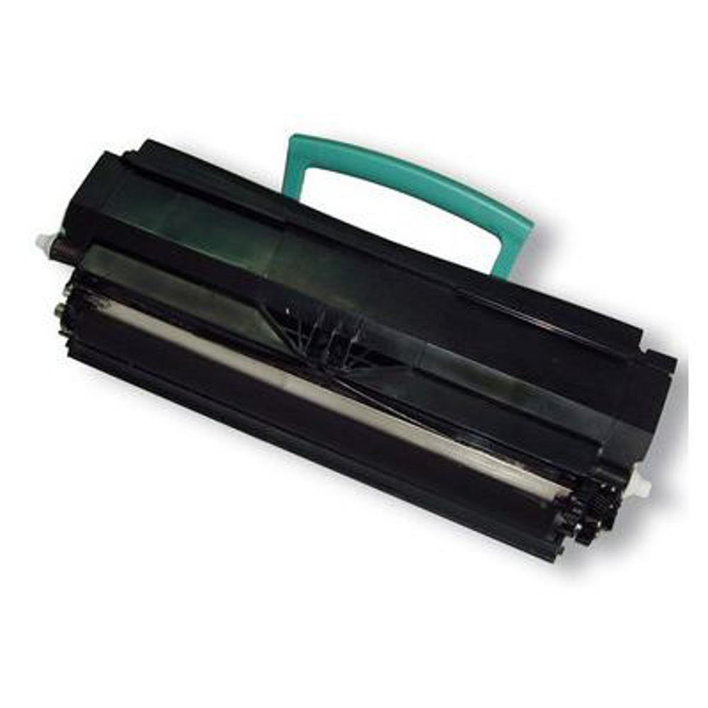 Una cartuccia di toner per stampante nera con manico verde. La cartuccia è angolata, mostrando i suoi vari componenti.