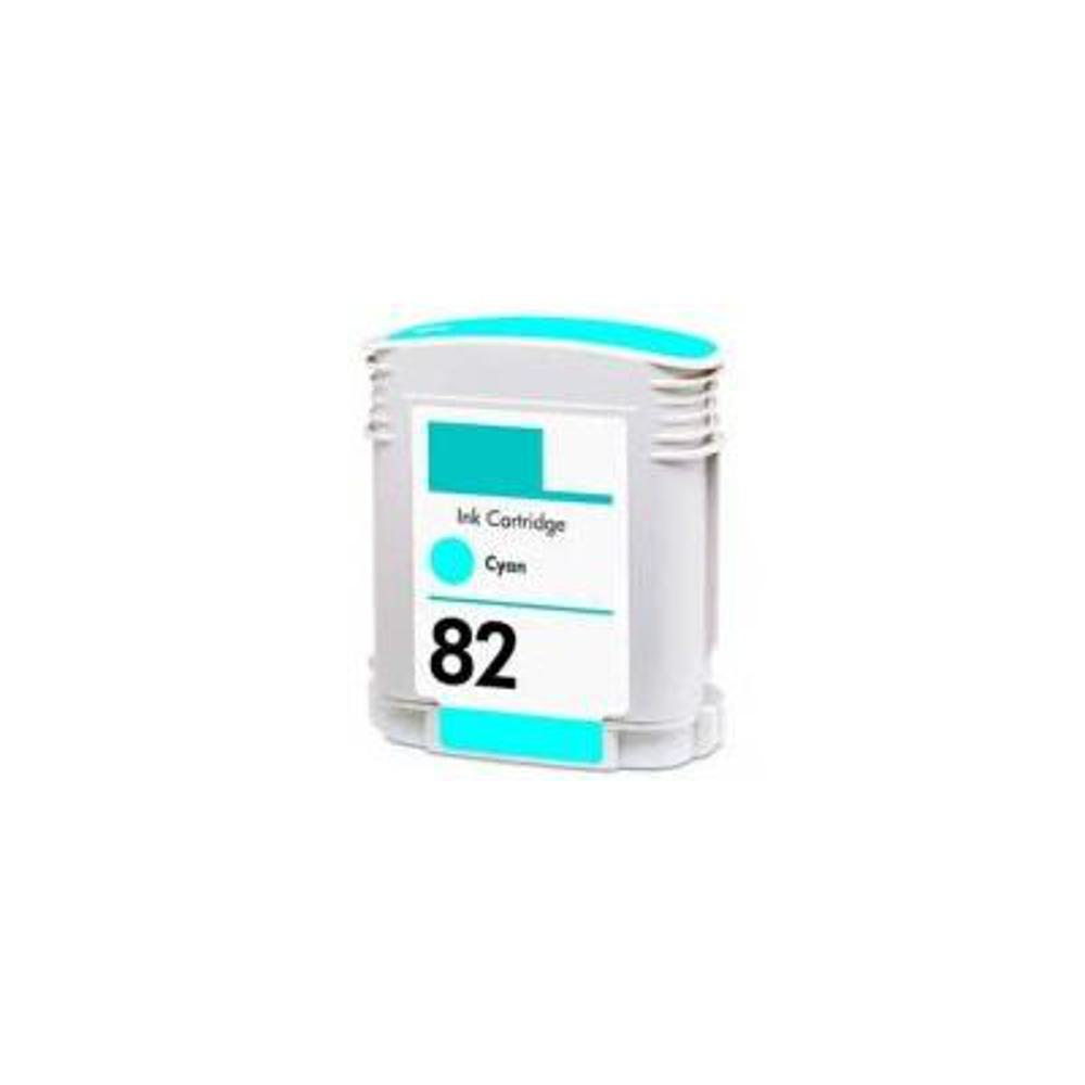 Una cartuccia d'inchiostro con etichetta '82' e dettagli ciano. Ha un corpo bianco, una parte superiore ciano e un'etichetta con scritto 'Cyan Ink Cartridge'.