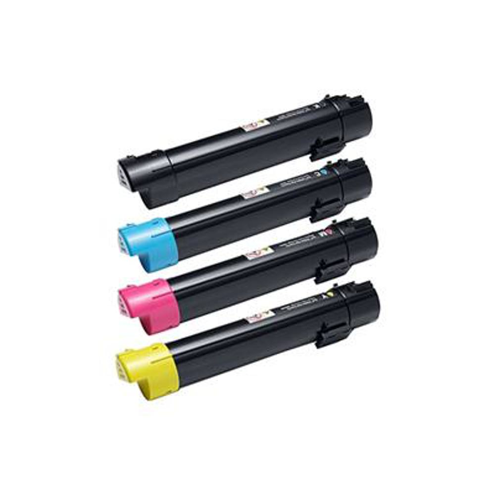 Quattro cartucce di toner per stampanti nere con estremità colorate: ciano, magenta e giallo. Lo sfondo è bianco.