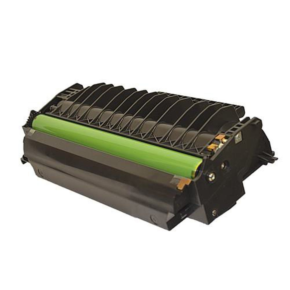 Una cartuccia toner nera con un rullo verde è visibile. La cartuccia ha una parte superiore a coste e si trova su sfondo bianco.