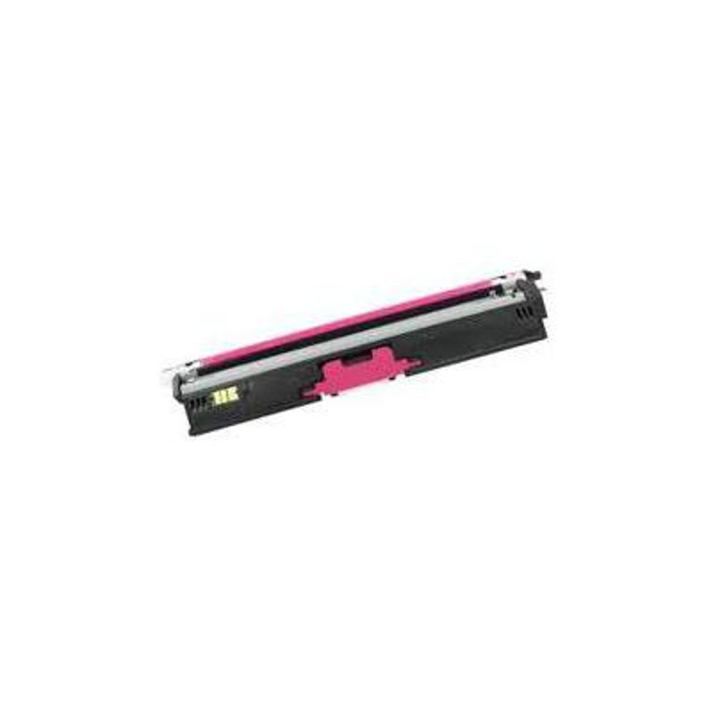 Una cartuccia toner magenta e nera su sfondo bianco.