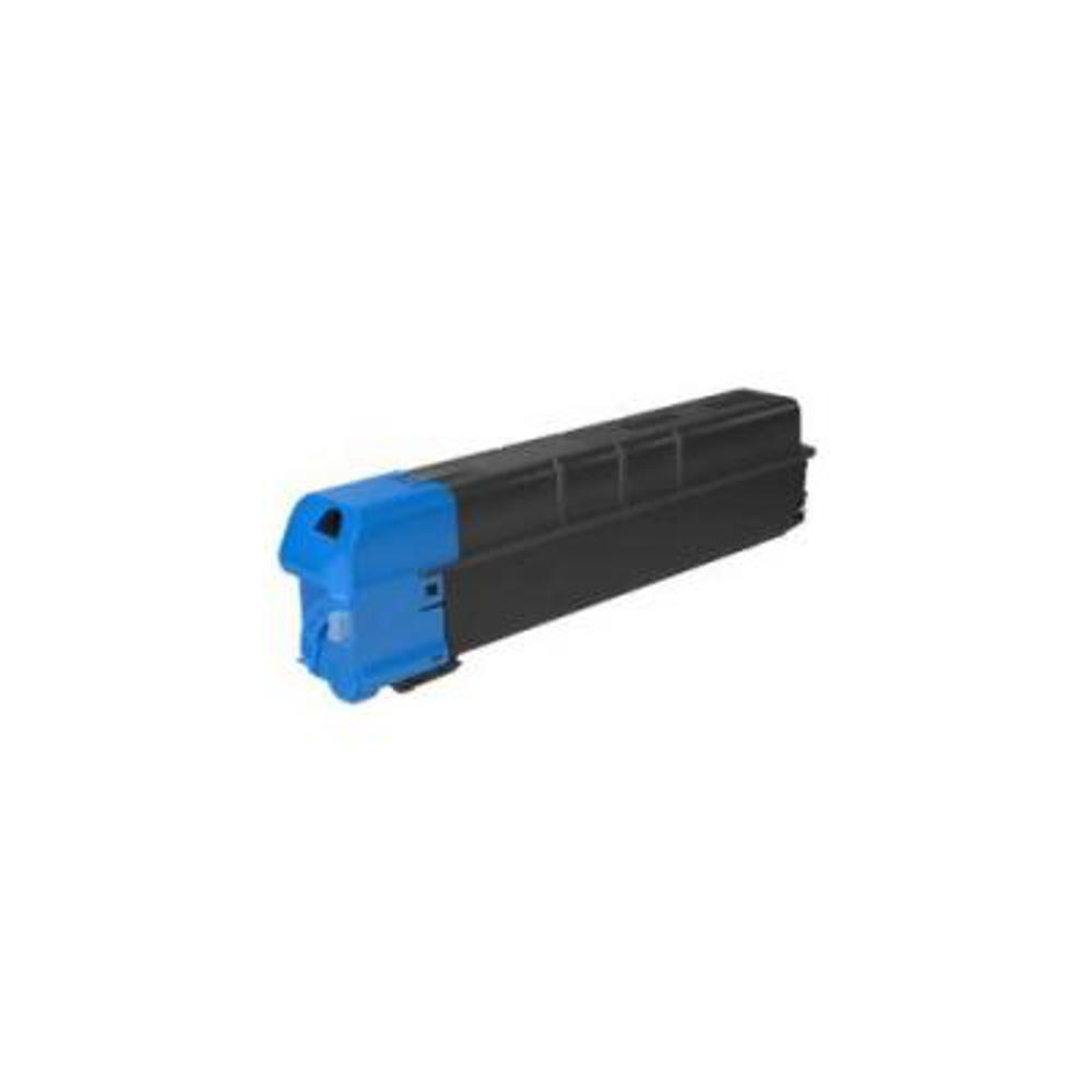 Una cartuccia di toner per stampante nera e blu, con un'estremità blu e un corpo nero, su sfondo bianco.