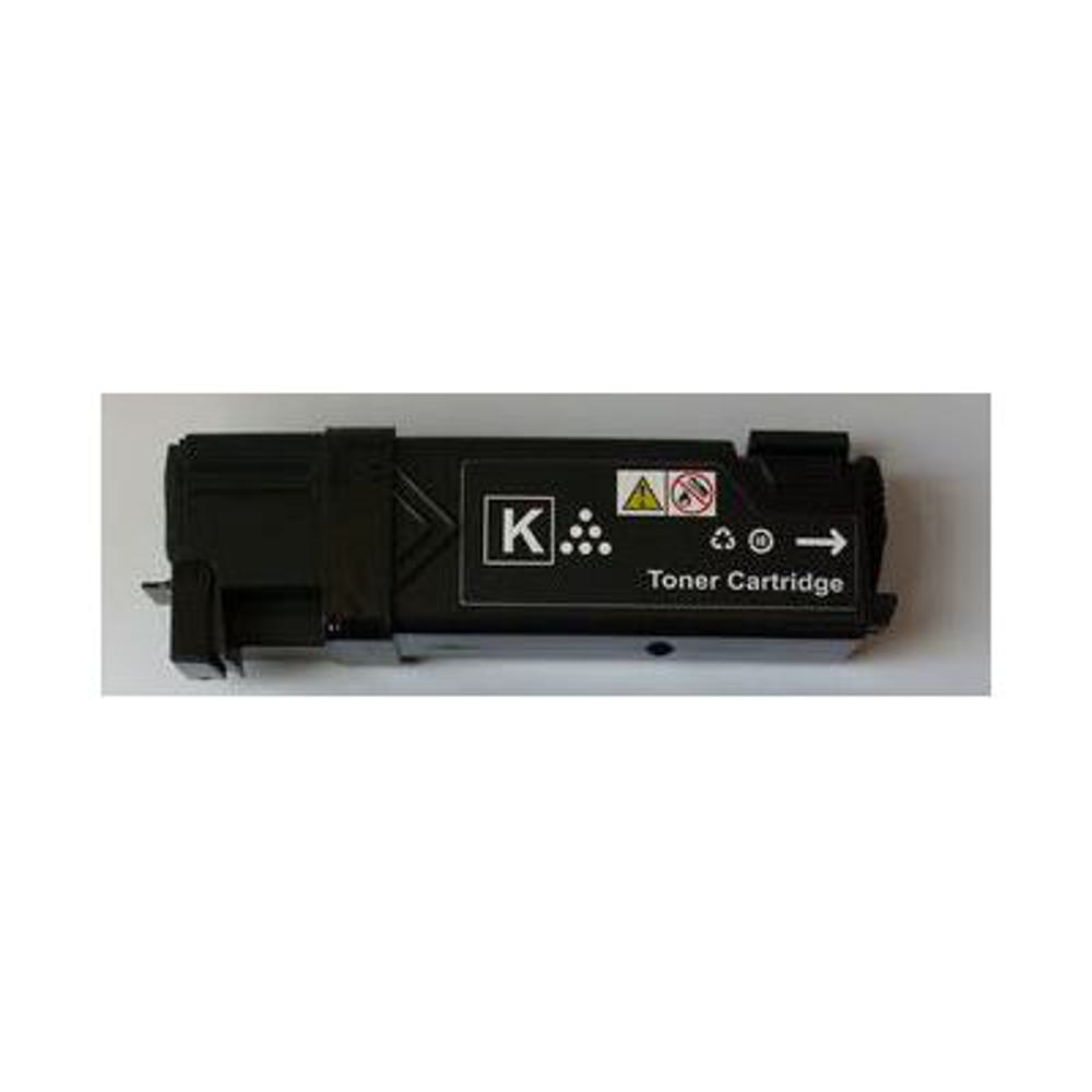 Una cartuccia toner nera con un simbolo 'K' bianco ed etichette di avvertimento. Il testo recita 'Toner Cartridge' e ha una freccia.