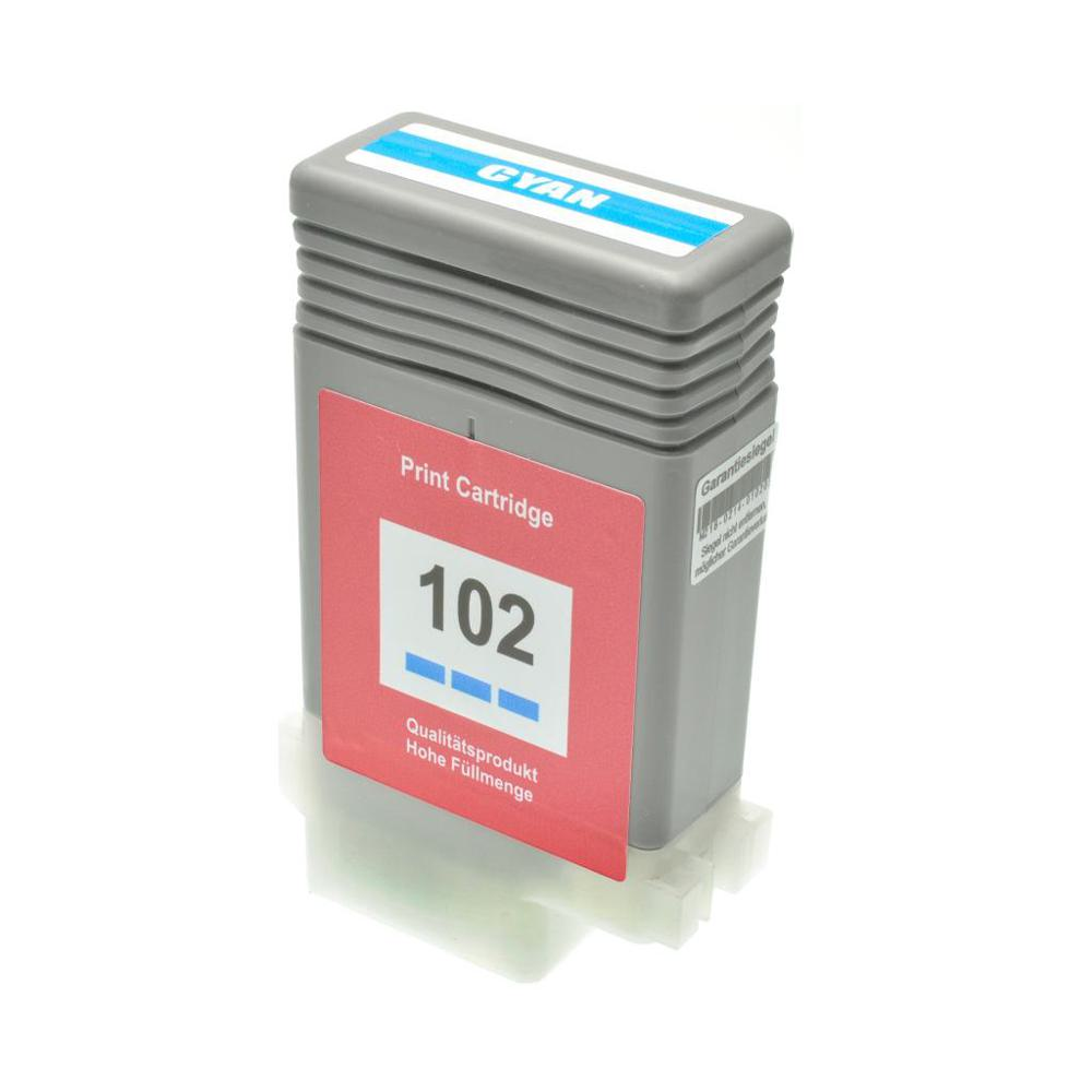 Una cartuccia di stampa grigia con l'etichetta 'CYAN'. Ha un'etichetta rossa con il numero '102'. La cartuccia è su una base bianca.