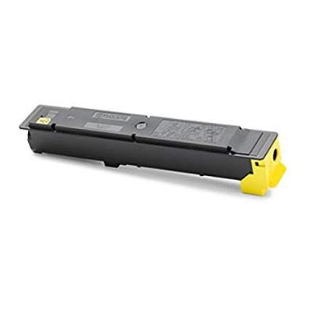 Una cartuccia toner nera e gialla, rettangolare con bordi arrotondati. Ha una sezione gialla su un'estremità e si trova su sfondo bianco.