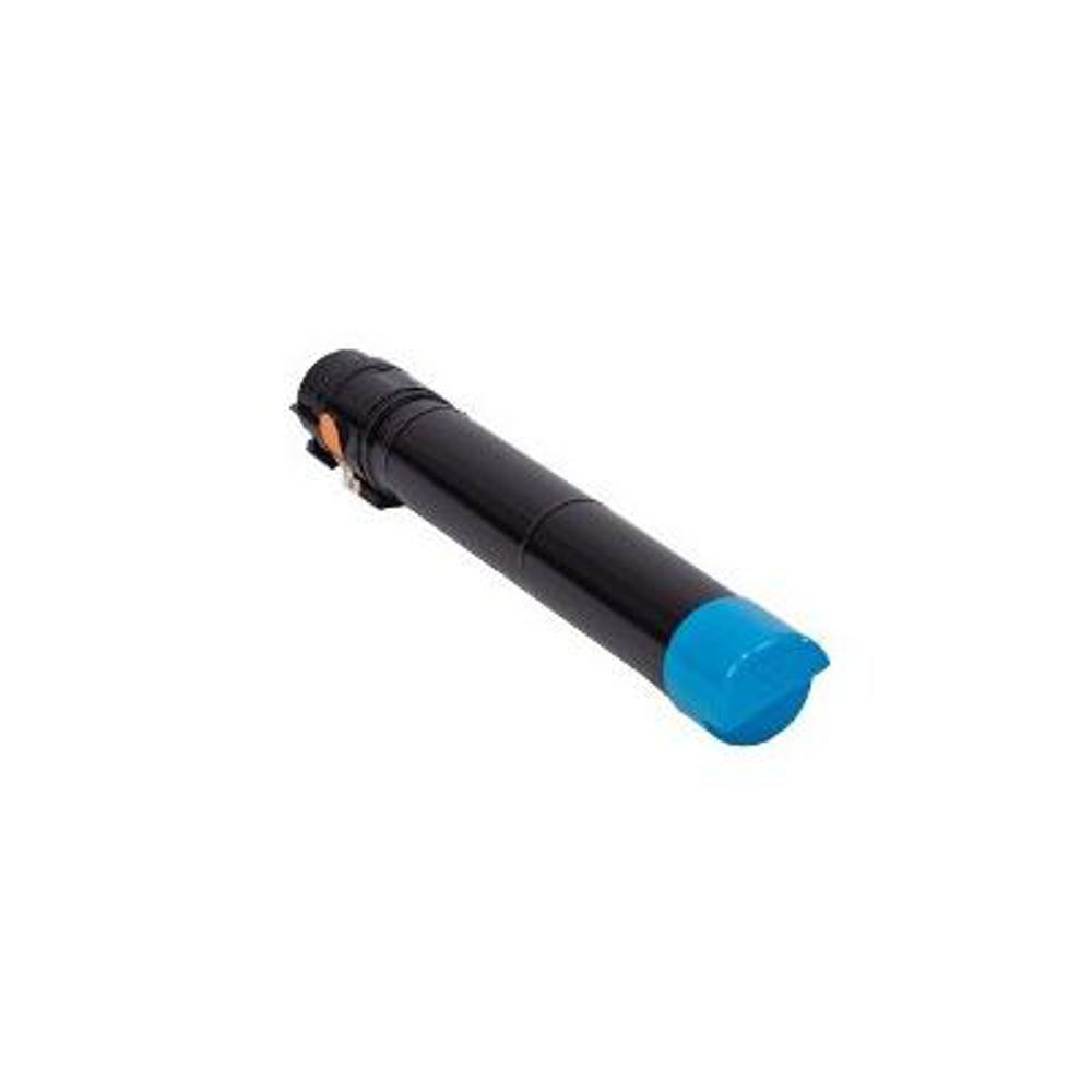 Un oggetto cilindrico nero con un tappo blu su sfondo bianco. Sembra una cartuccia di toner.