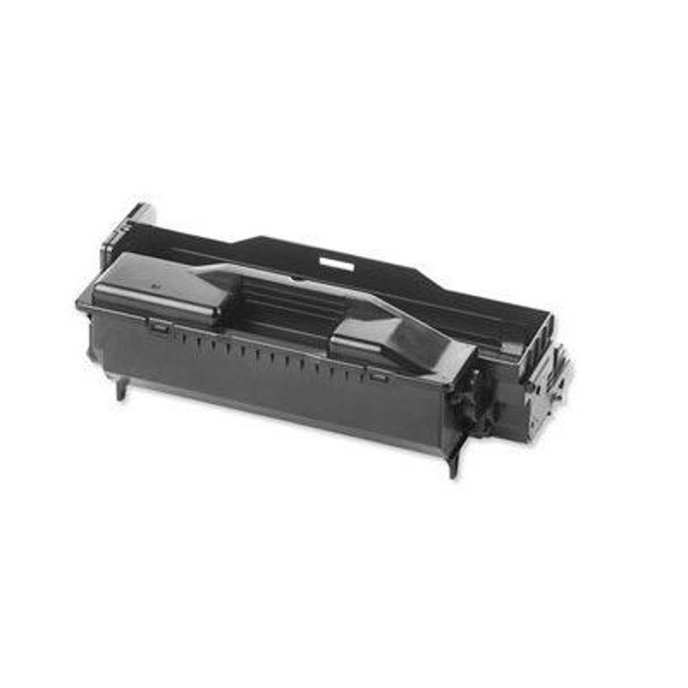 Una cartuccia di toner nera per stampante su sfondo bianco. La cartuccia è rettangolare con varie forme geometriche.