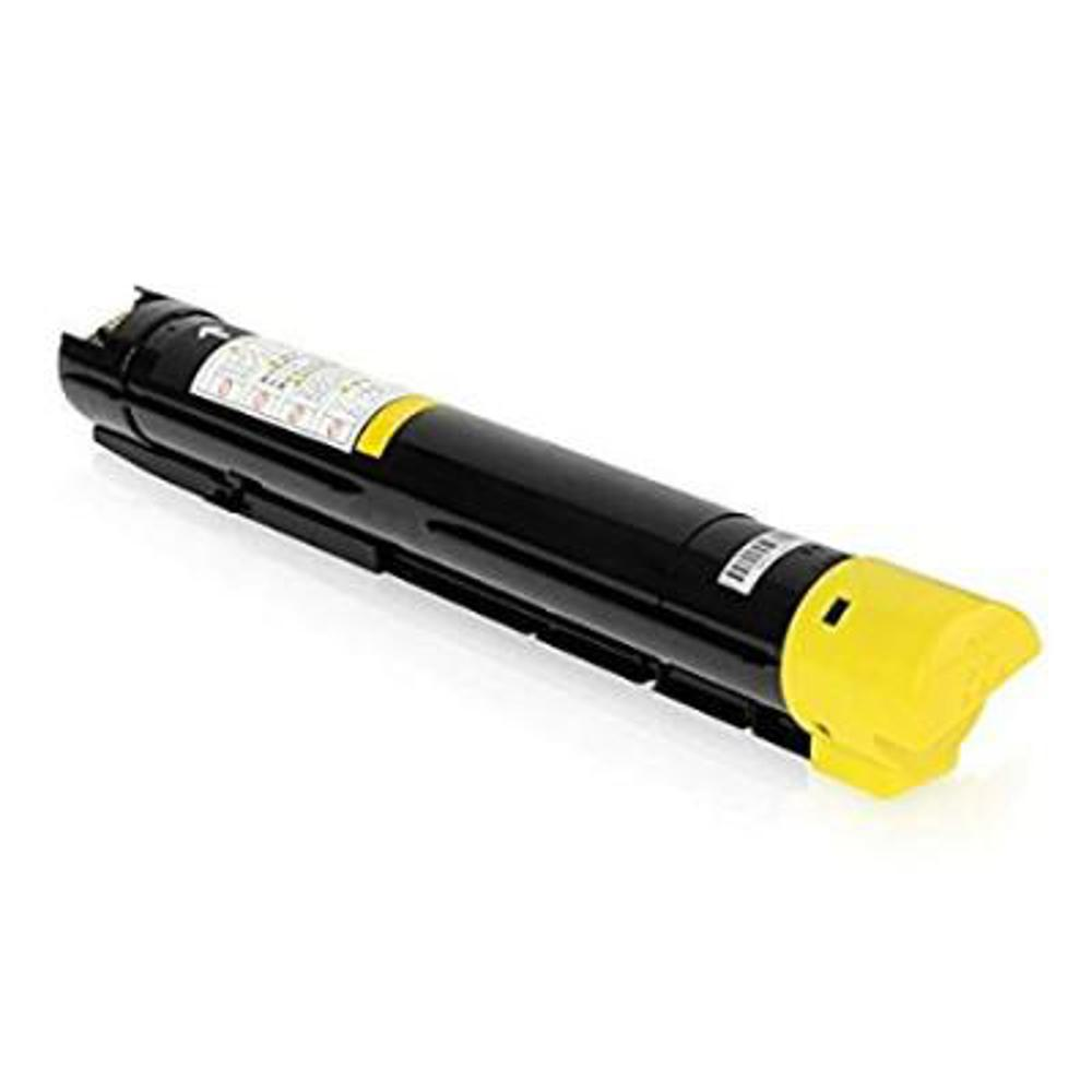 Una cartuccia toner cilindrica nera e gialla. Ha etichette e un tappo giallo su un'estremità. Lo sfondo è bianco.
