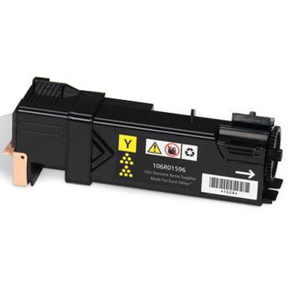 Cartuccia toner nera con simboli gialli e di avvertimento. Il testo recita 106R01596 e 'Made For Each Other'.
