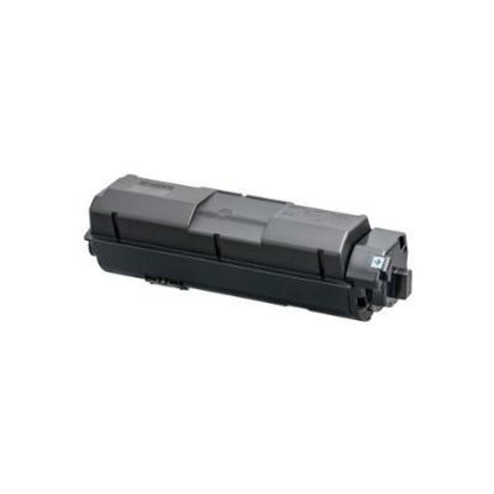 Una cartuccia di toner per stampante nera. È rettangolare con bordi arrotondati e una parte superiore grigia. Lo sfondo è bianco.