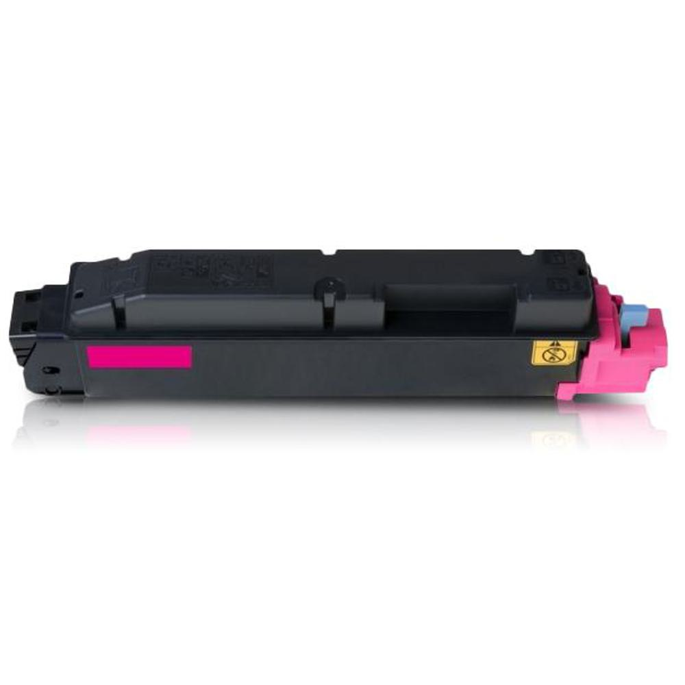 Una cartuccia toner nera con una striscia rosa e un tappo rosa. Un pezzo blu è visibile anche all'estremità.