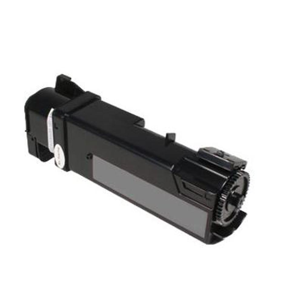 Una cartuccia di toner nera per stampante su sfondo bianco. Ha un pannello grigio e un'estremità a forma di ingranaggio.