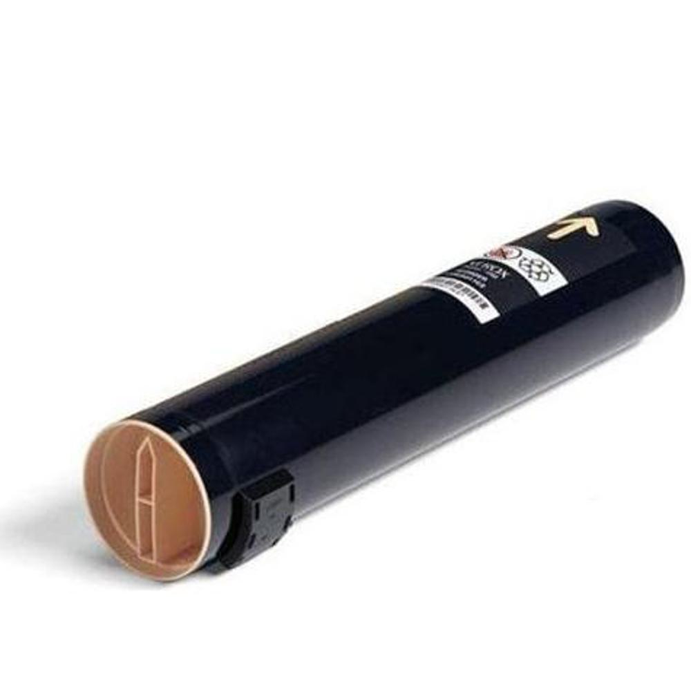 Una cartuccia toner cilindrica nera con un tappo terminale beige. C'è un'etichetta con testo e una freccia. Lo sfondo è bianco.