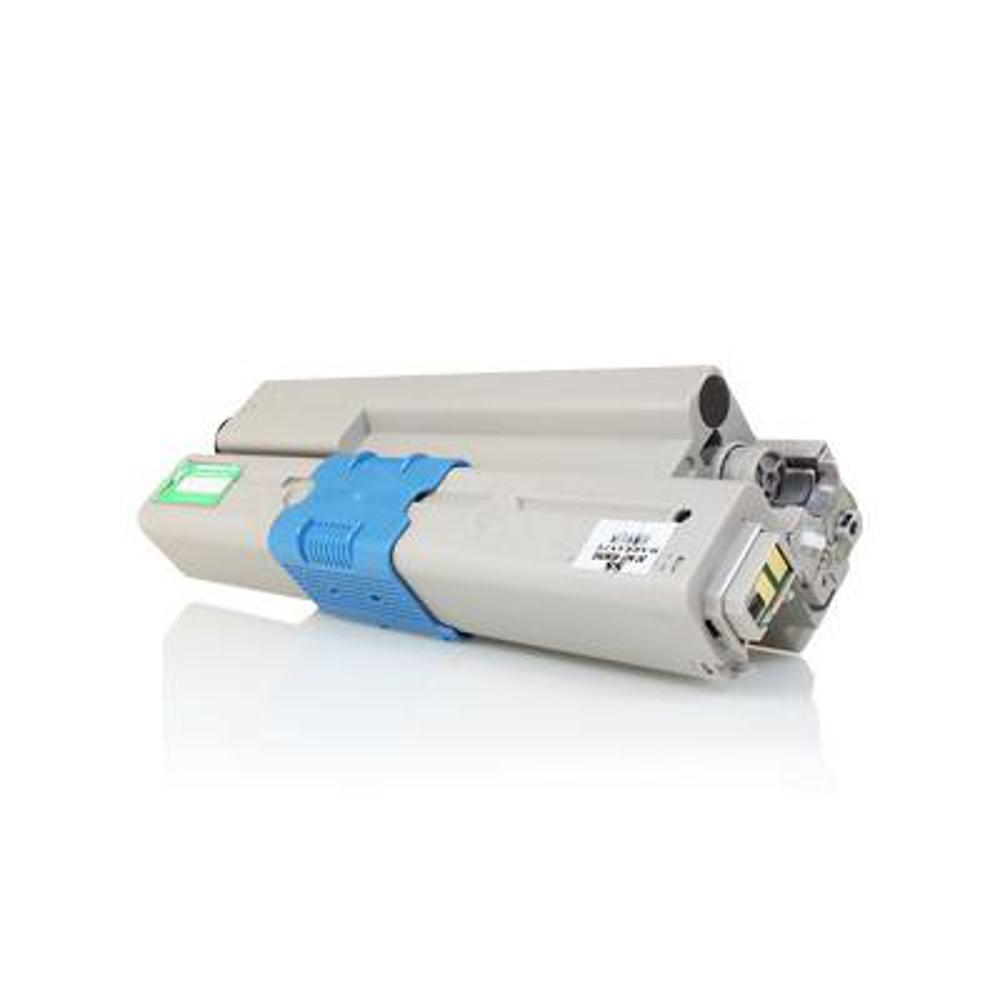 Una cartuccia di toner grigia con una clip blu. Ha un adesivo verde a sinistra e un'etichetta a destra.