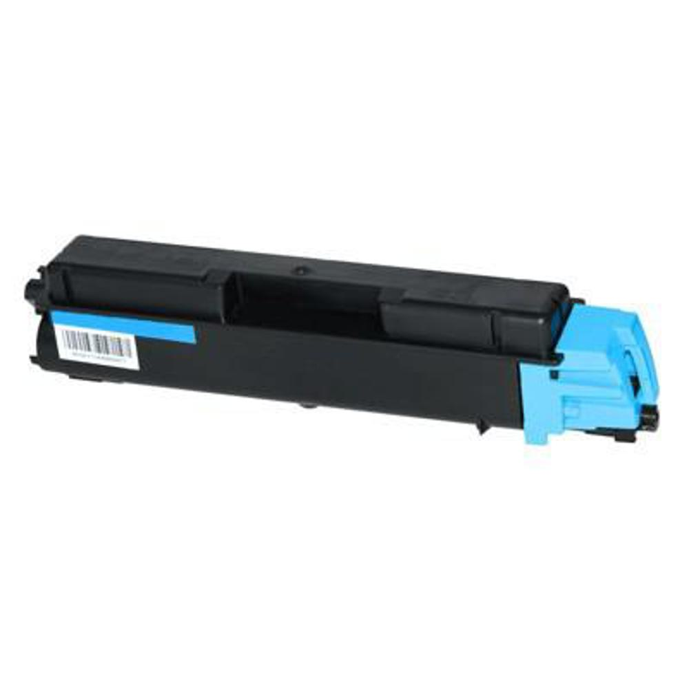 Una cartuccia di toner nera con un'estremità azzurra e un'etichetta blu, su sfondo bianco.