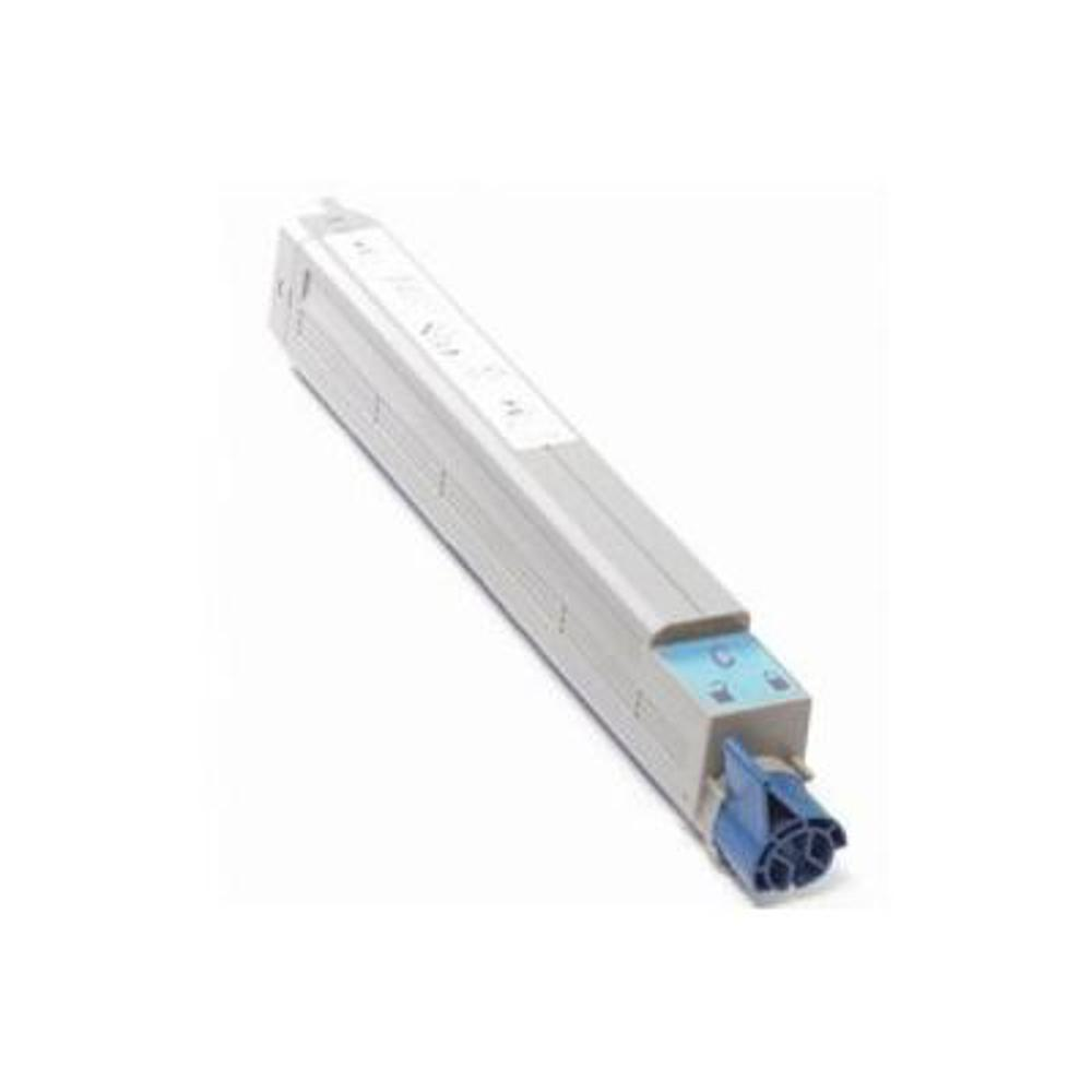 Una cartuccia di toner per stampante grigia e blu è angolata su uno sfondo bianco.