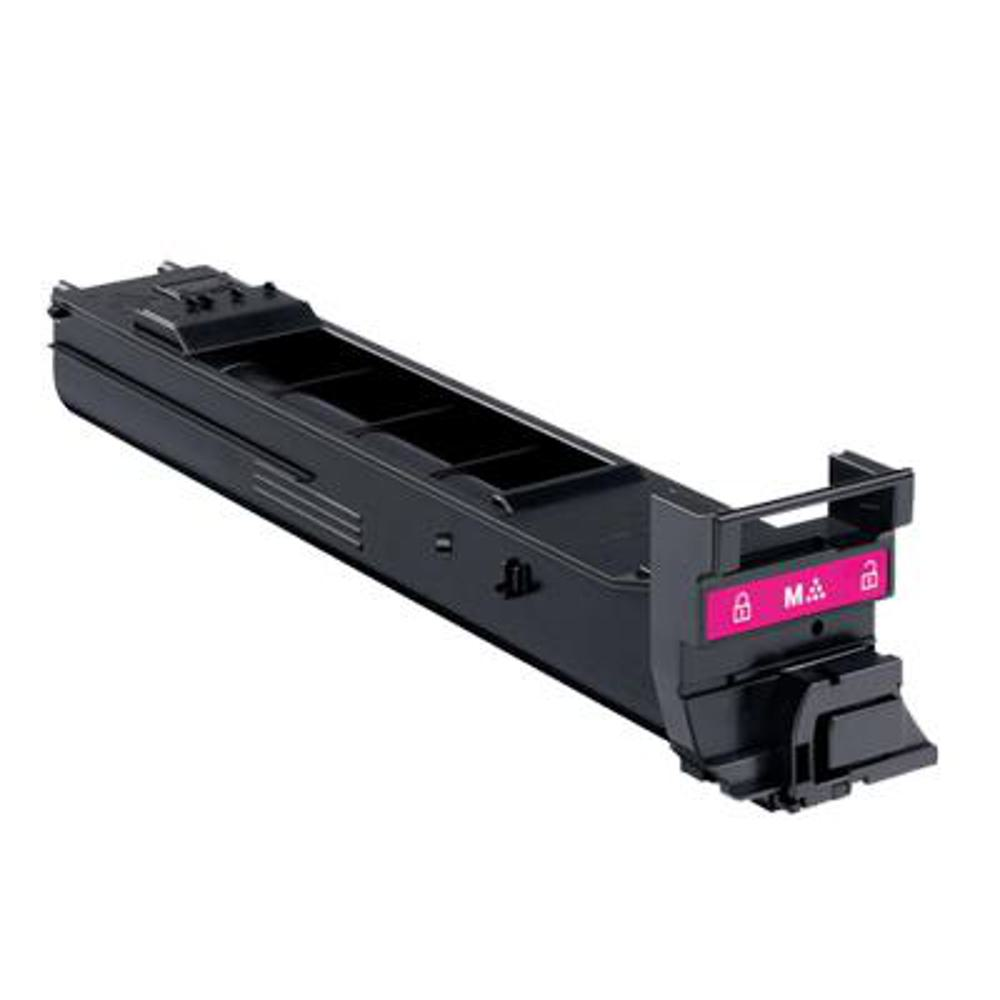 Una cartuccia di toner per stampante nera con un'etichetta magenta e le lettere M e un simbolo di lucchetto.