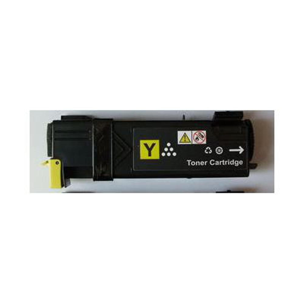 Una cartuccia toner gialla con involucro nero. Ha un simbolo 'Y' giallo, simboli di avvertimento e le parole 'Toner Cartridge'.