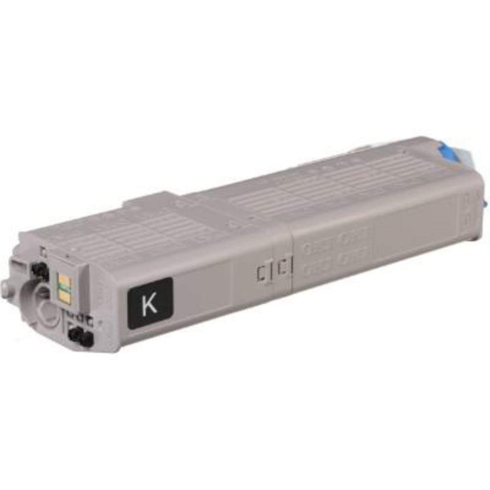 Una cartuccia di toner grigia con un'etichetta nera 'K' e alcuni elementi blu a destra.