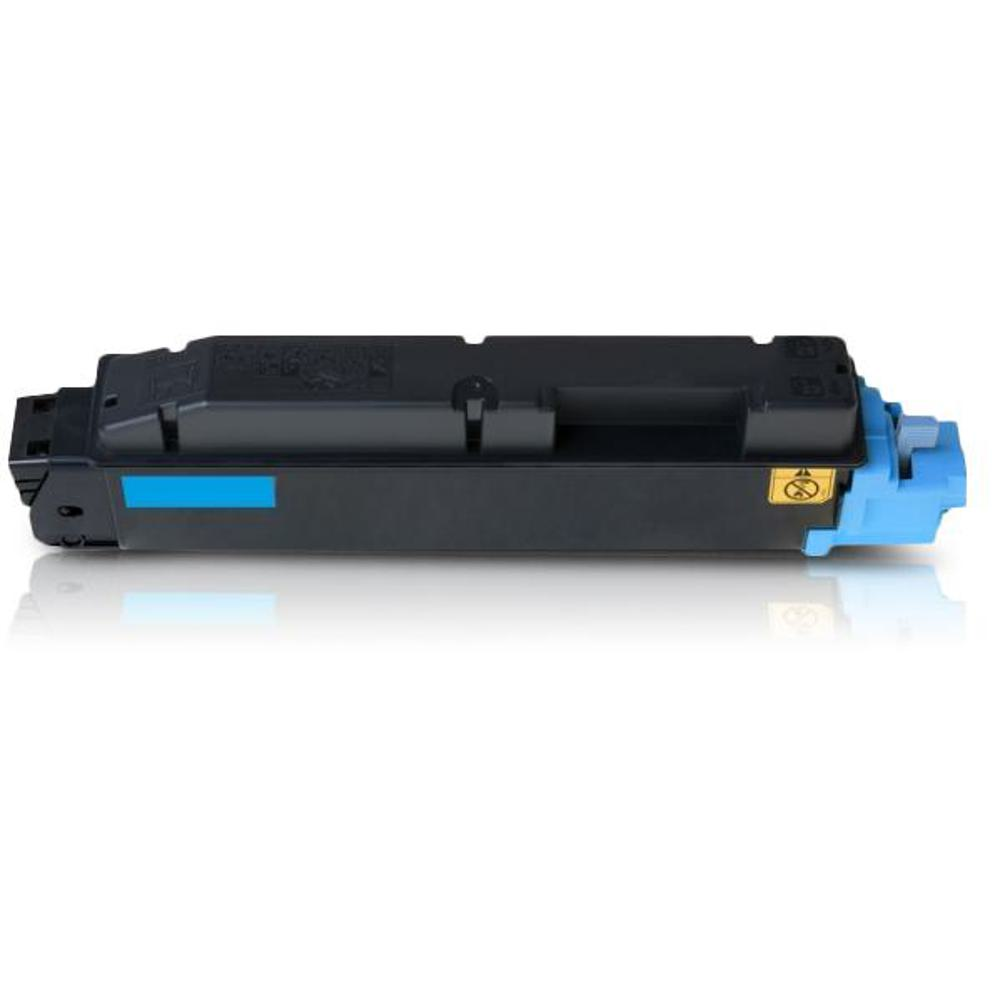 Una cartuccia toner nera e blu. La cartuccia ha un'etichetta blu e un connettore blu. È su sfondo bianco.