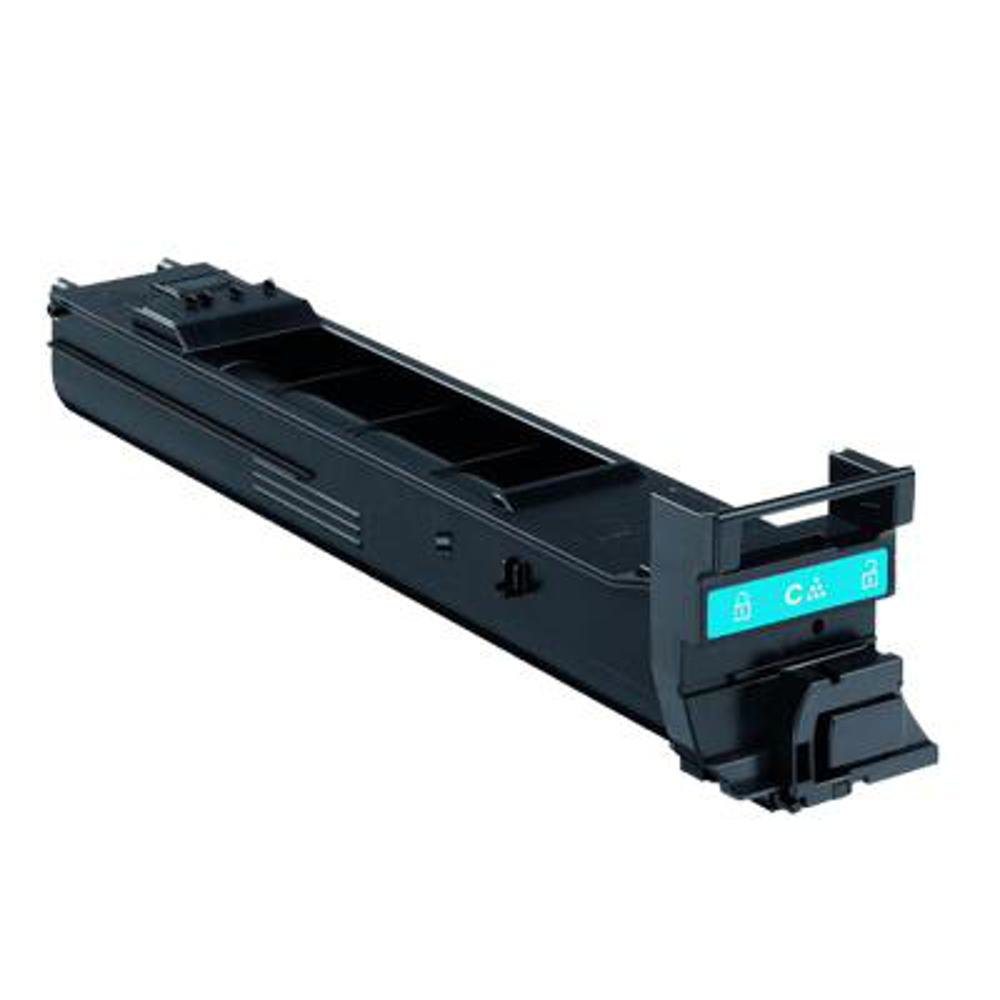 Una cartuccia toner nera di forma rettangolare. Ha una sezione turchese con testo e simboli bianchi.