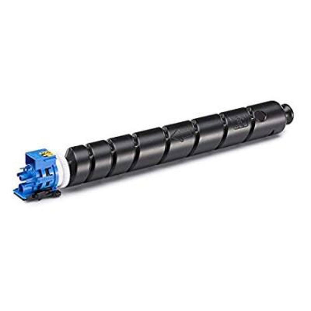 Una cartuccia toner nera con un connettore blu e bianco a sinistra. La cartuccia ha un design a spirale.