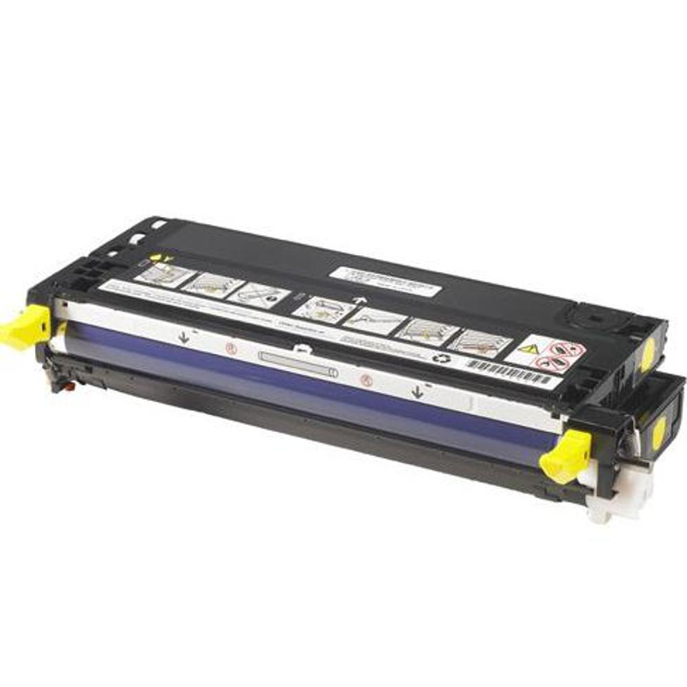 Una cartuccia toner per stampante, in bianco e nero con leve gialle. La cartuccia è rettangolare con una striscia blu e varie etichette.