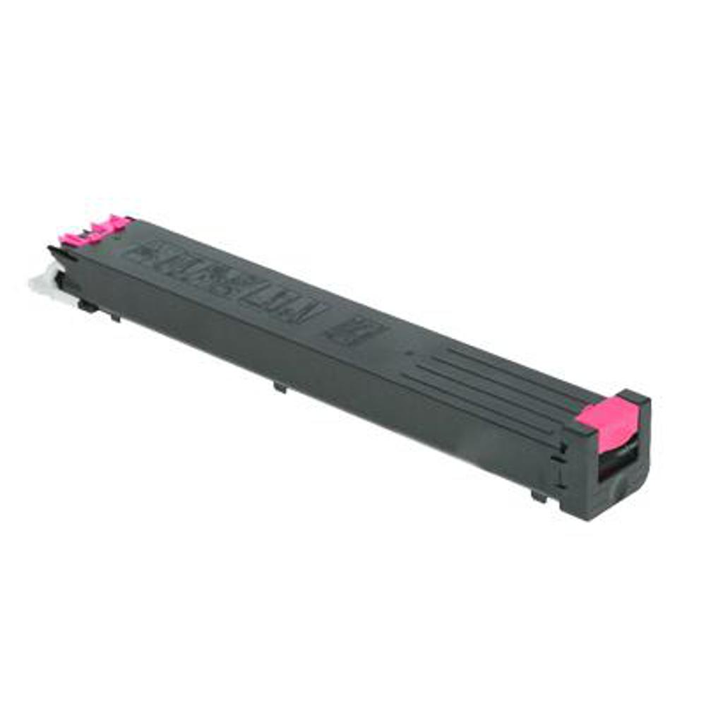 Una cartuccia di toner per stampante nera con dettagli rosa. La cartuccia è rettangolare e ha un'etichetta laterale.