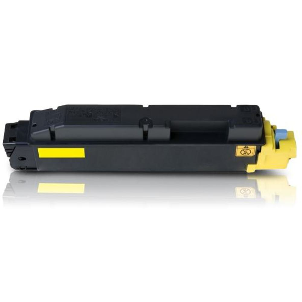 Una cartuccia toner nera e gialla, con etichetta e dettagli gialli. La cartuccia è su una superficie bianca con il suo riflesso.