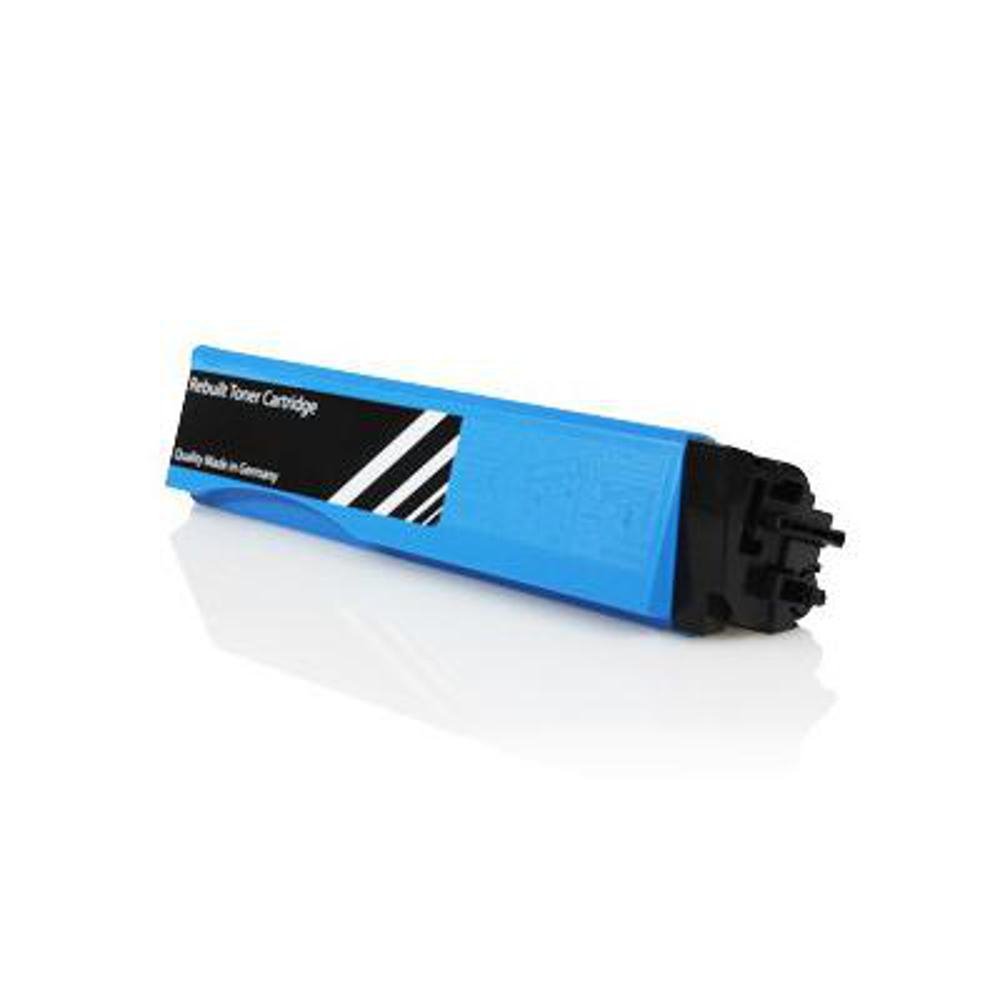 Una cartuccia di toner blu con dettagli neri. Ha un'etichetta con testo e linee diagonali. La cartuccia è su una superficie bianca.