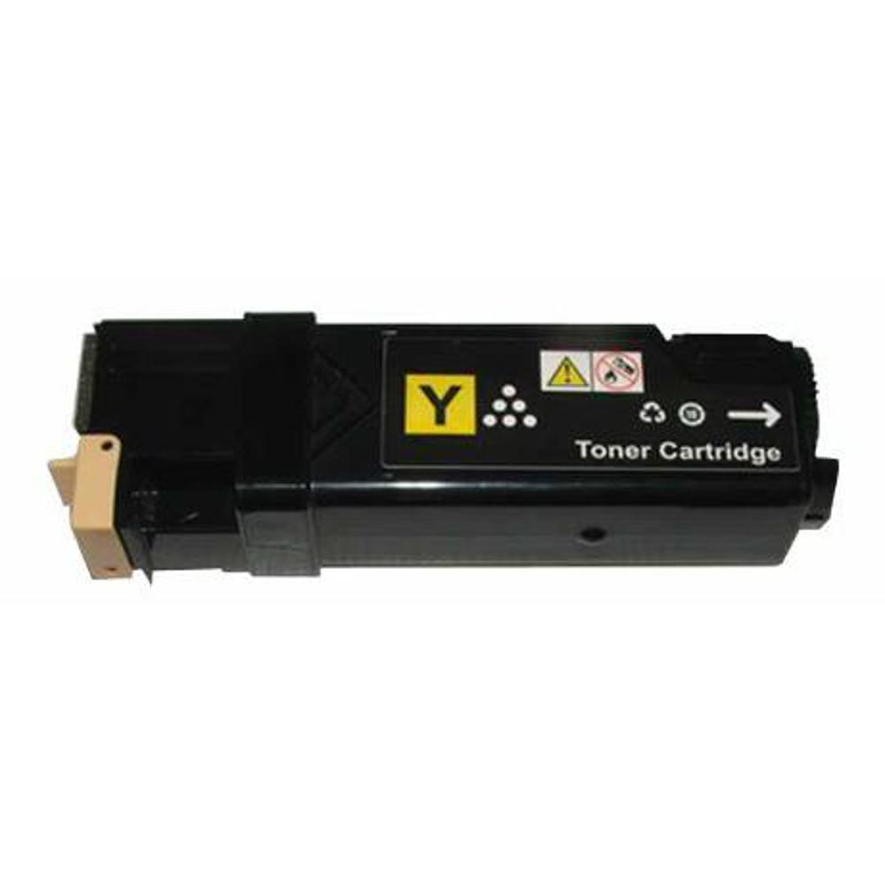 Una cartuccia di toner gialla con l'etichetta 'Y' e un simbolo di avvertimento. La cartuccia è nera con un pezzo di plastica beige sul lato sinistro.