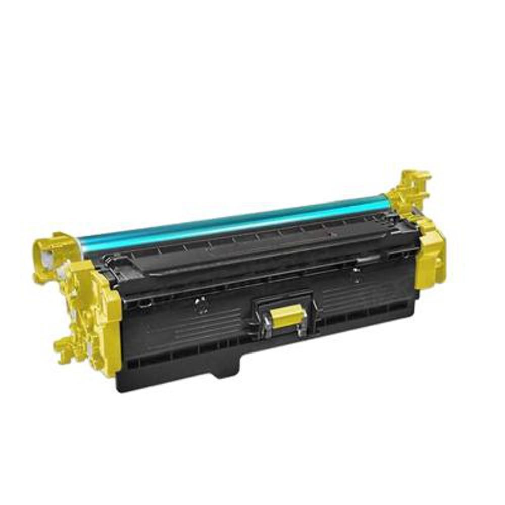 Una cartuccia della stampante. Ha parti gialle e nere, un cilindro blu e un fermo giallo. Lo sfondo è bianco.