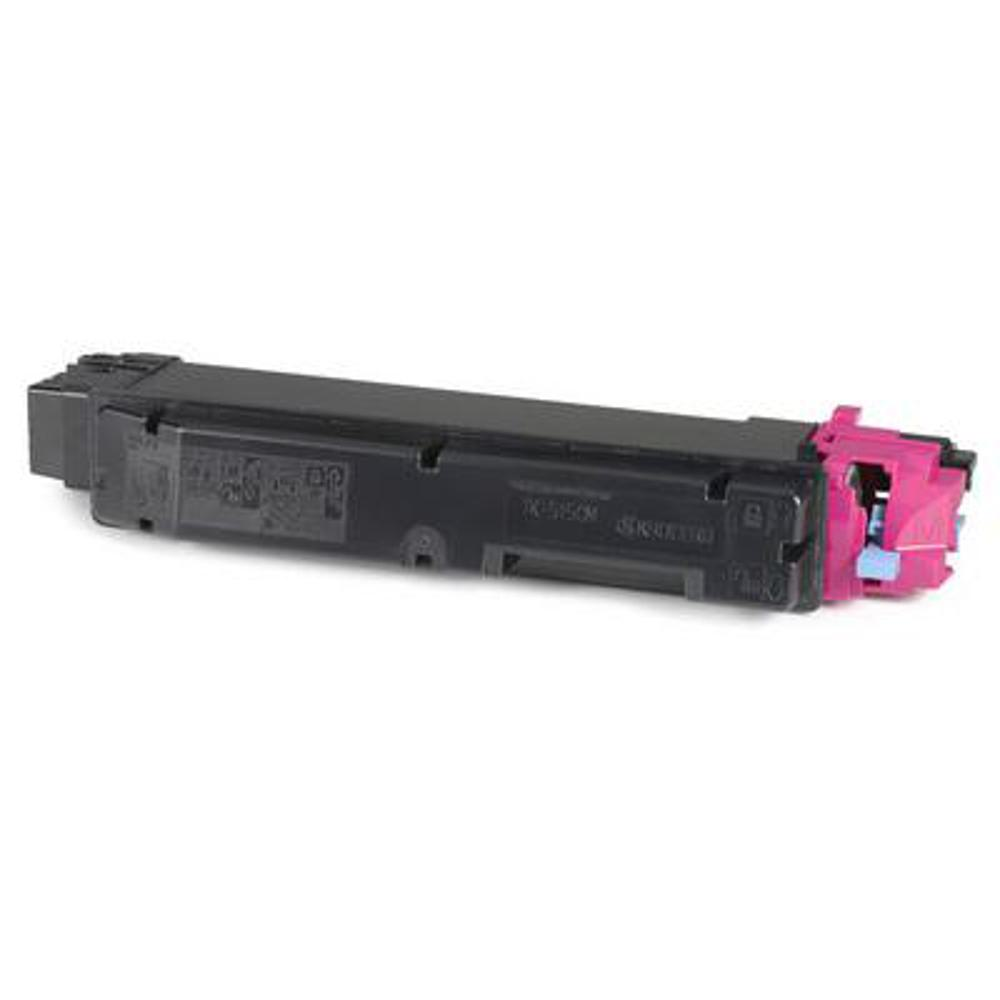 Una cartuccia di stampa nera con estremità rosa e dettagli blu, isolata su sfondo bianco.