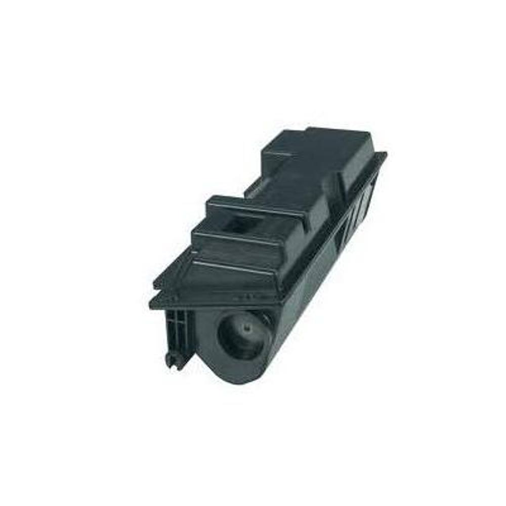 Una cartuccia di toner nera per stampante su sfondo bianco. La cartuccia ha un'apertura cilindrica sul lato.