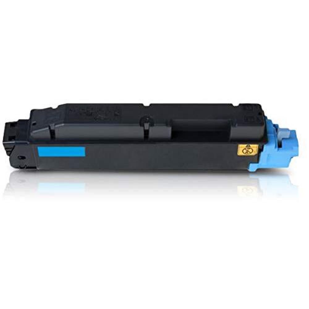 Una cartuccia toner nera e blu. Ha un'etichetta blu e un'estremità azzurra. Lo sfondo è bianco.