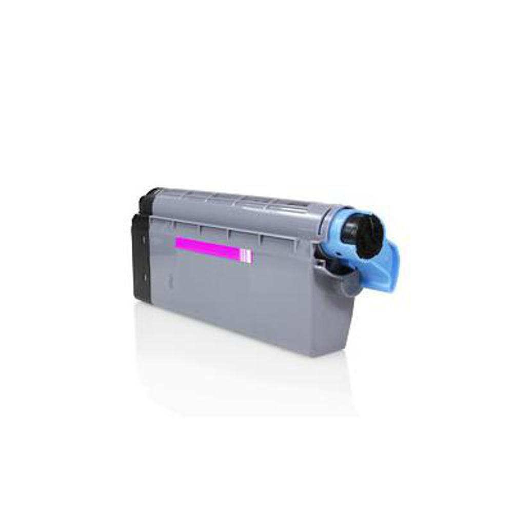 Una cartuccia toner grigia con ugello blu e striscia rosa. Lo sfondo è bianco.