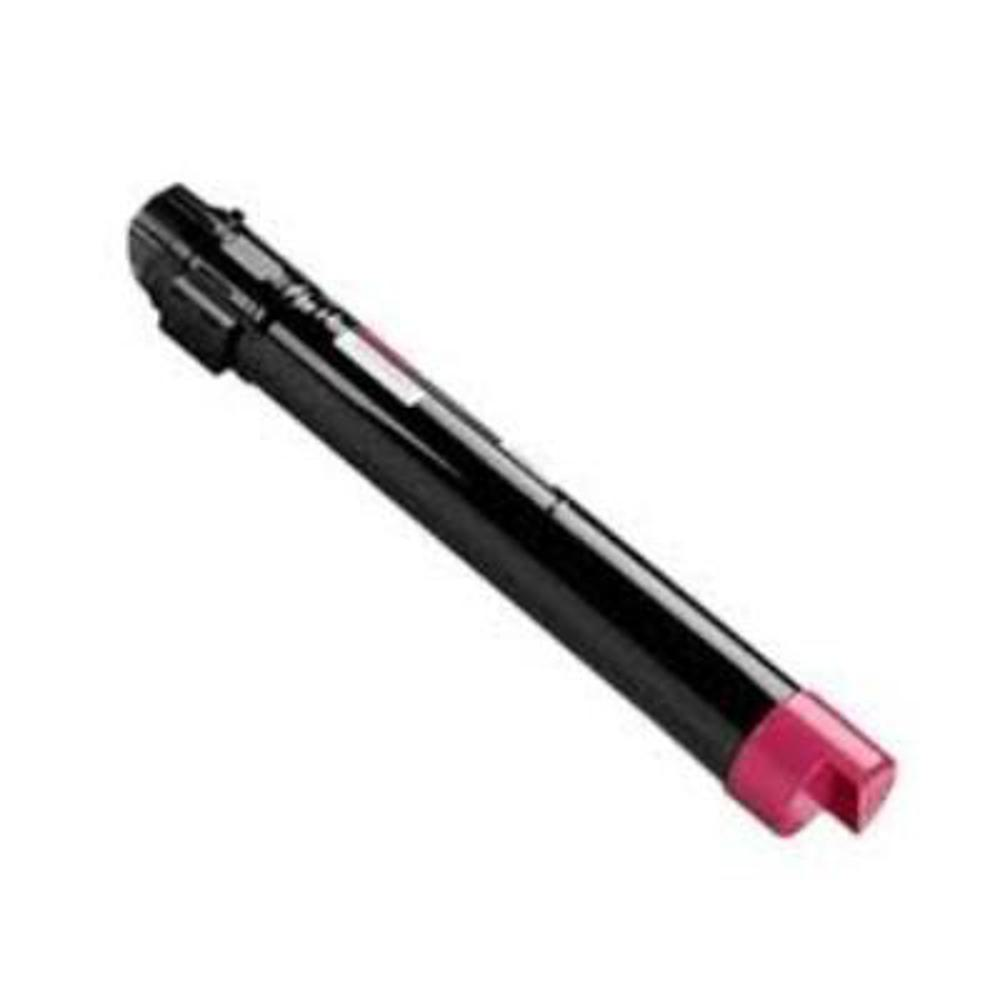 Un oggetto cilindrico nero e magenta, probabilmente una cartuccia di stampa, su sfondo bianco, angolato a destra.