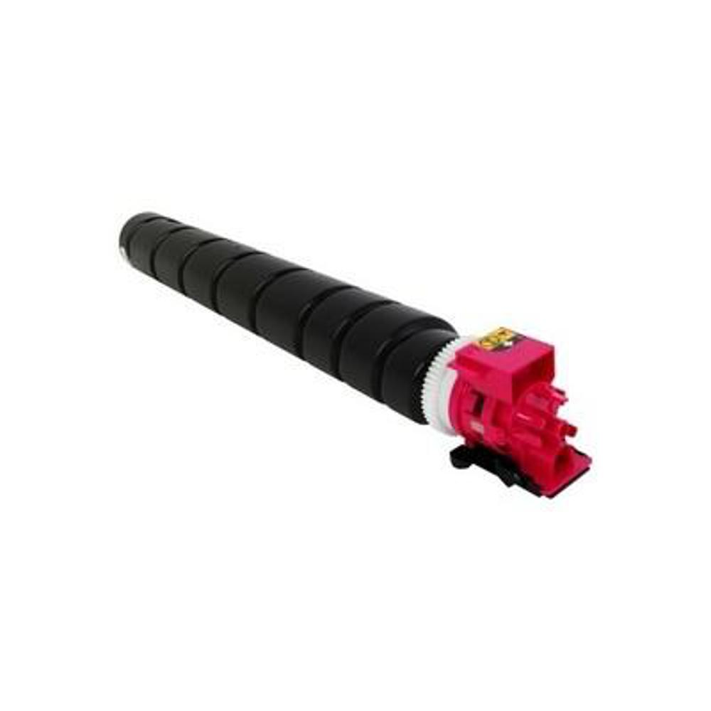 Una cartuccia toner cilindrica nera con un componente rosa e bianco sul lato destro su sfondo bianco.