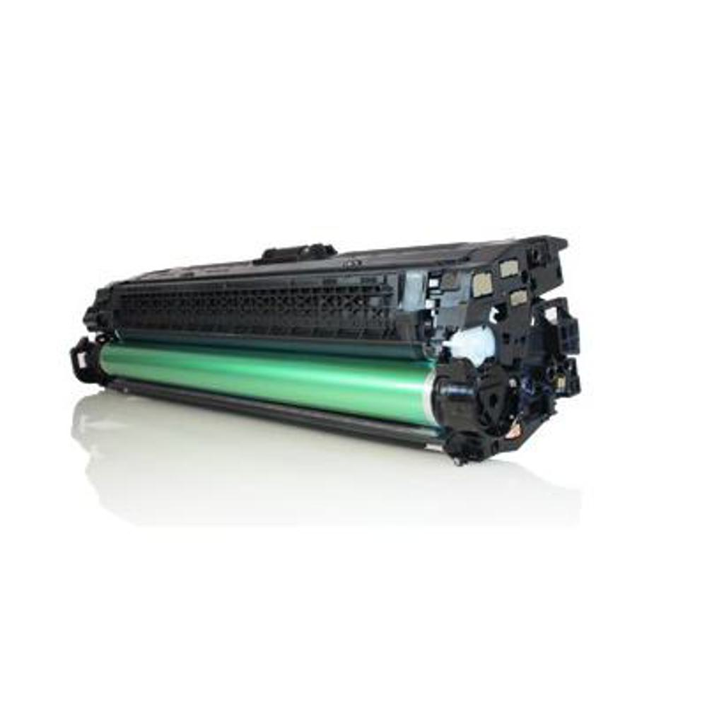 Una cartuccia toner per stampante. È cilindrica con un rullo verde. Alloggiamento in plastica nera e sfondo bianco.