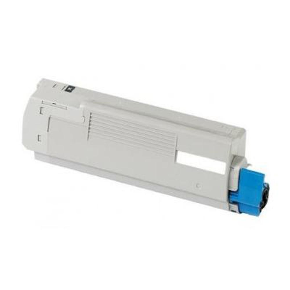 Una cartuccia toner per stampante grigio chiaro con un componente blu sul lato destro. È rettangolare con alcuni ritagli.