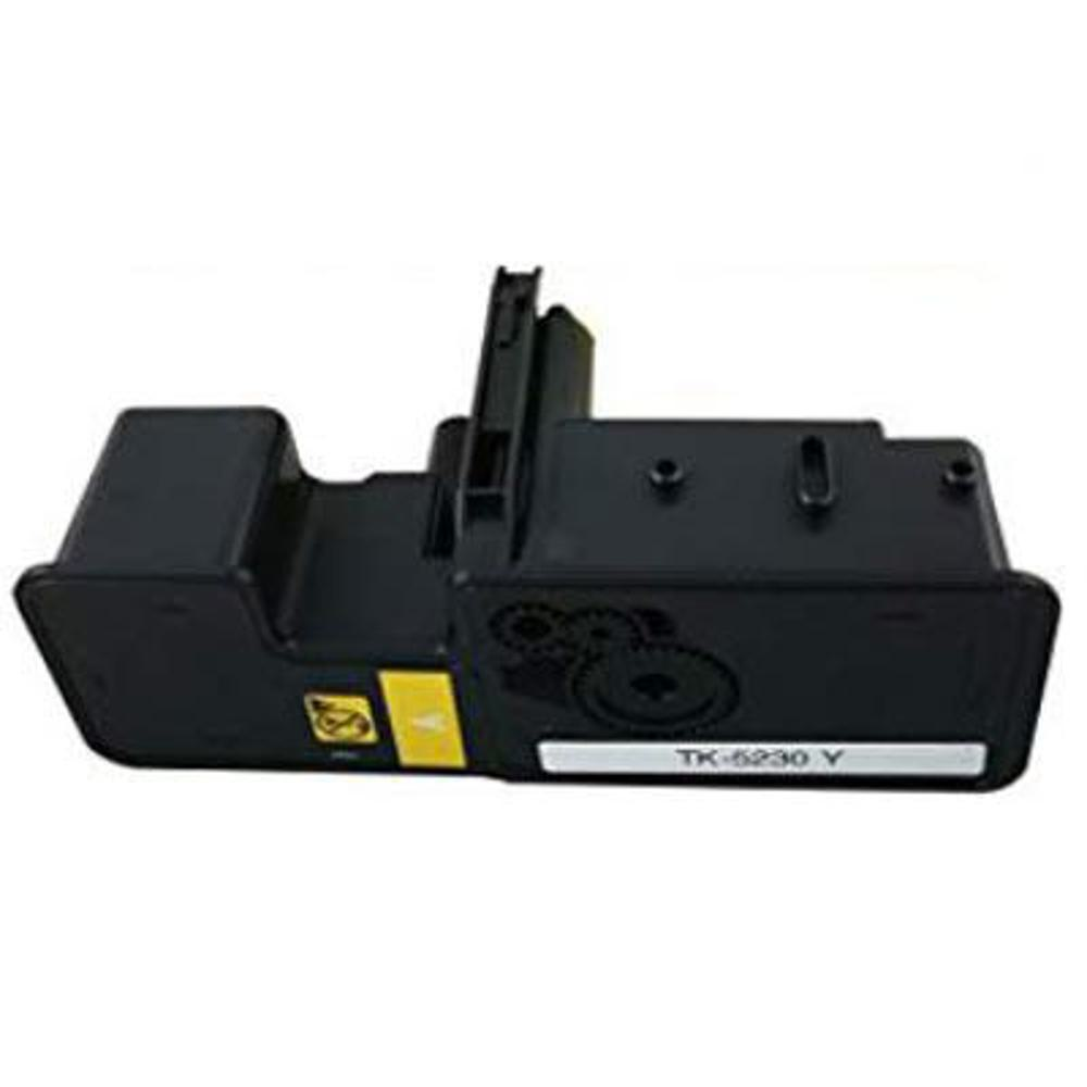 Una cartuccia di toner nera con dettagli gialli e un'etichetta bianca con 'TK-5230 Y'. Ingranaggi visibili sul lato.