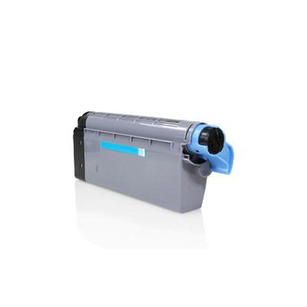 Una cartuccia toner per stampante grigia e nera con manico blu e striscia blu laterale su superficie bianca.