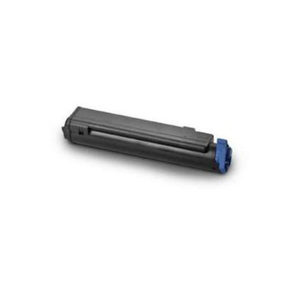 Una cartuccia di toner nera con un componente blu su sfondo bianco.