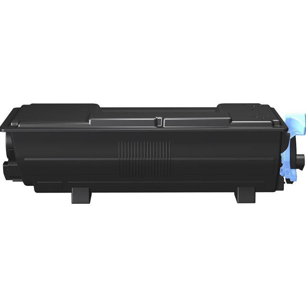 Una cartuccia toner nera con manico blu su sfondo bianco. La cartuccia è rettangolare con linee verticali.