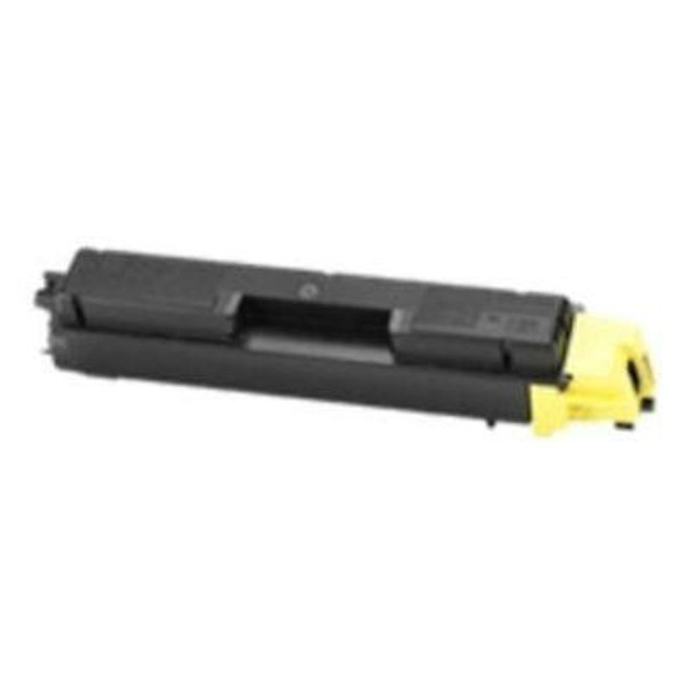 Una cartuccia di toner per stampante nera e gialla. La cartuccia è posizionata orizzontalmente su uno sfondo bianco.