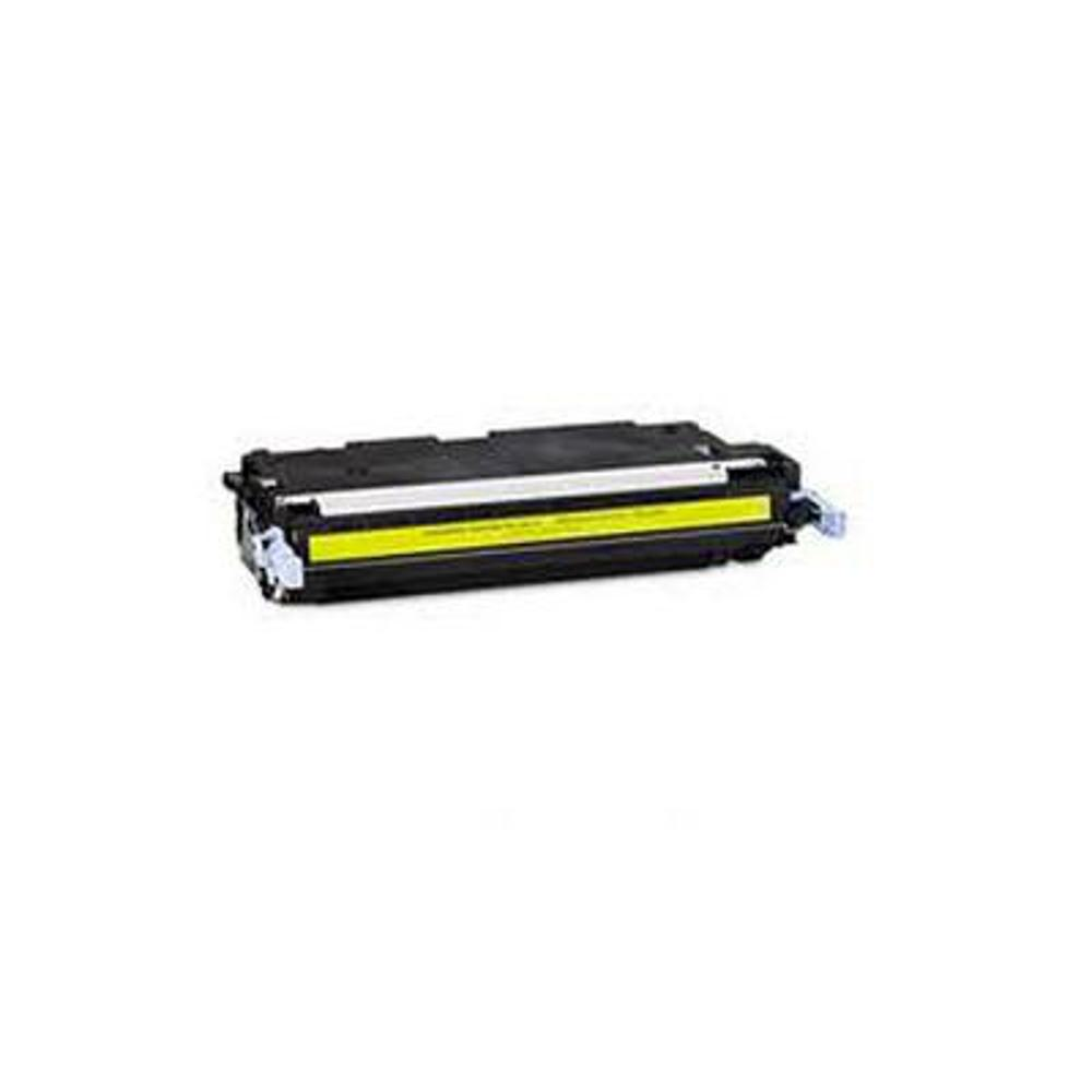 Una cartuccia di toner gialla e nera su sfondo bianco. La cartuccia ha una striscia gialla e una linea argentata.