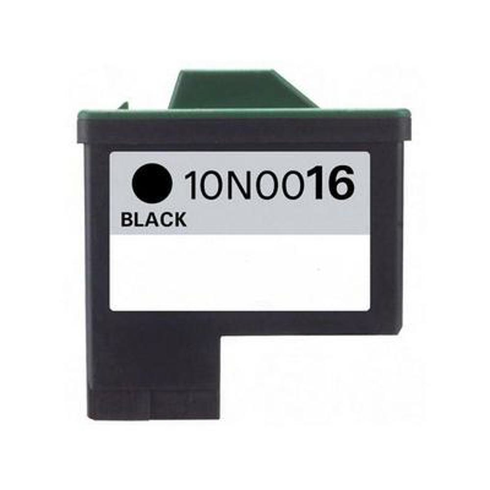Una cartuccia d'inchiostro nera con la parte superiore verde. Ha un'etichetta bianca con scritto "10N0016" e "BLACK".
