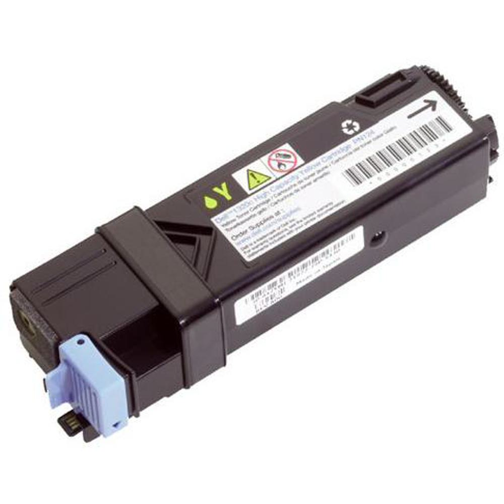 Una cartuccia toner gialla ad alta capacità Dell 1320c. Corpo in plastica nera, etichetta bianca con testo e codice a barre. Manico azzurro.