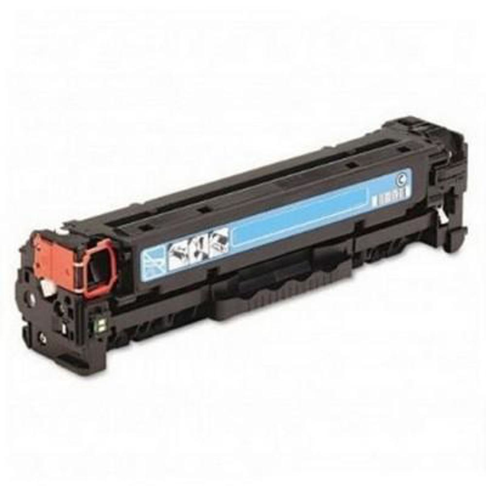 Una cartuccia toner per stampante. È nera con una striscia azzurra e accenti arancioni. Lo sfondo è bianco.