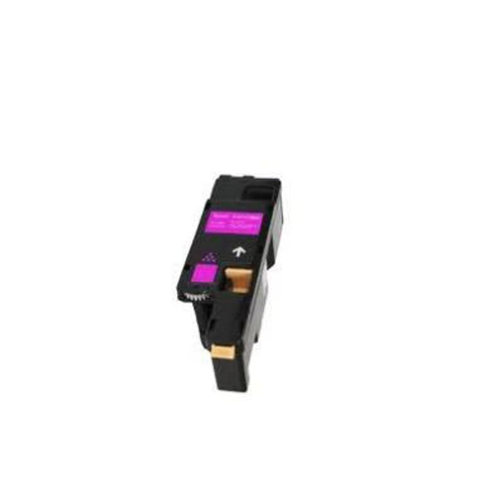 Una cartuccia toner nera con dettagli rosa e oro. È visibile una freccia verso l'alto. Lo sfondo è bianco.